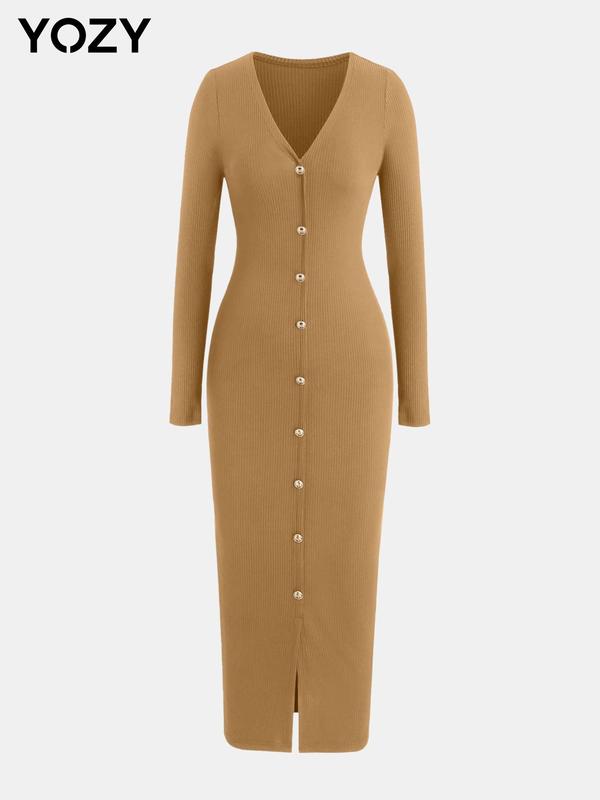 YOZY [2 colors] Textured Button Front Dress, Elegant V Neck Long Sleeve Bodycon Midi Dress, 2024 Women's Daily Office Business Wear for Spring & Fall