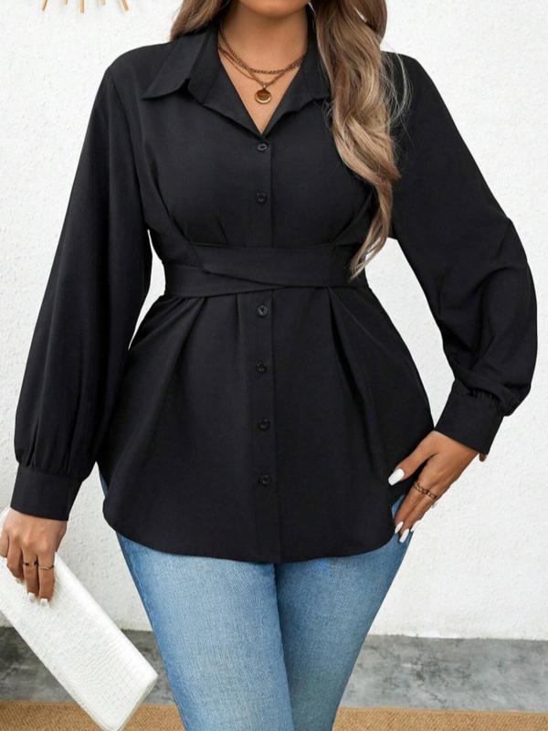  Women's Solid Cross Belted Button Front Blouse, Elegant Tie Back Bishop Long Sleeve Collared Top for Women, Women's Clothing for All Seasons