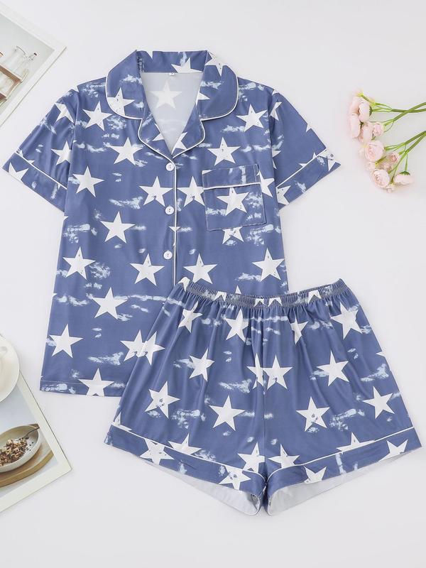 Two-Piece Set LGBTQ+ Women's All Over American Flag Print Pyjama Set, Chic Lapel Neck Button Pocket Shirt & Elastic Waist Shorts, Back To School Summer PJ Sets for Women, Pajama Sets Women, USA Independence Day Sleepwear