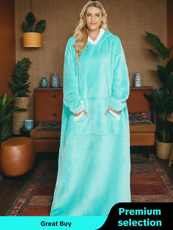 Women's Solid Drop Shoulder Pocket Lounge Hooded Robe, Casual Long Sleeve Warm Robe Loungewear for Fall & Winter,  Robe for Women, Women's Sleepwear for Indoor Wear