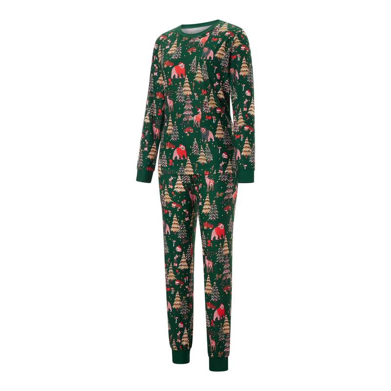 Green Matching Christmas Pajamas For Family, Printed Long Sleeve Tops Elastic Waist Pants for Fall Winter