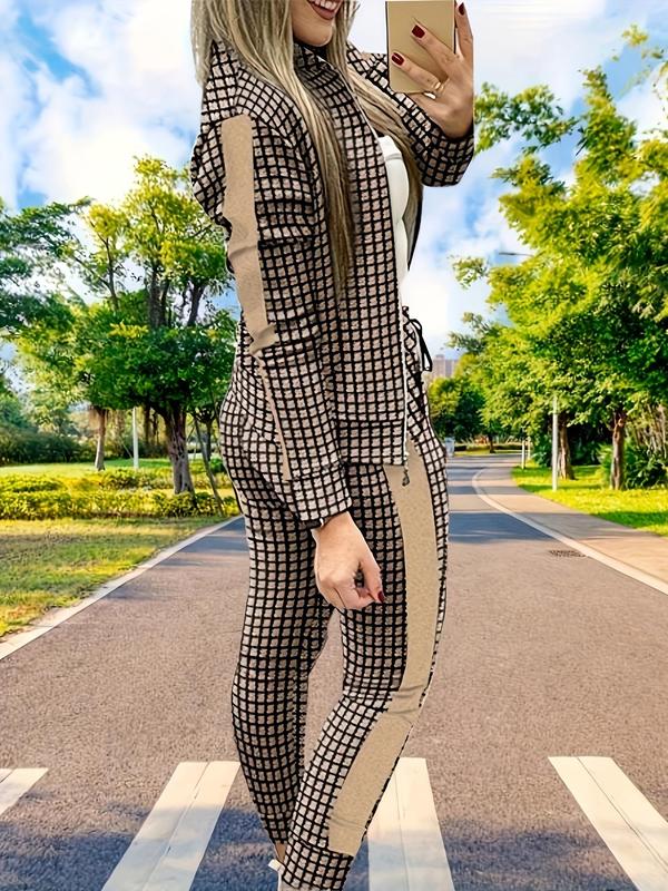 Women's Plaid Patchwork Print Zipper Bomber Jacket & Tie Front Pants 2 Piece Sets, Casual Long Sleeve Mock Neck Outerwear & Trousers for Spring & Fall, Ladies Clothes for Daily Wear