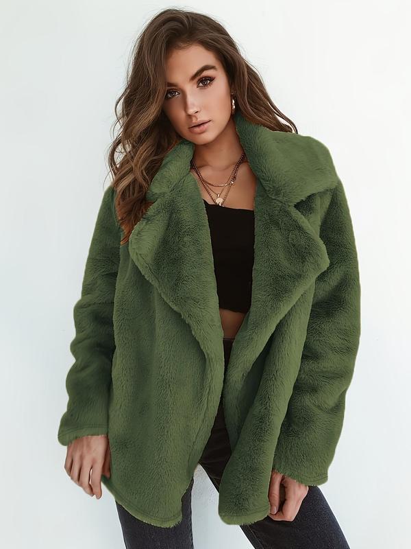 Women's Solid Color Waterfall Collar Coat, Casual Long Sleeve Fuzzy Coat for Fall & Winter, Women's Clothing for Daily Wear