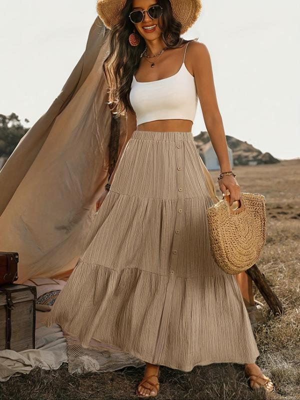 Women's Plain Button Front Tiered Layer A Line Skirt, Elegant Fashion Casual Long Skirt for Daily Outdoor Wear, Women's Bottoms for Spring & Fall