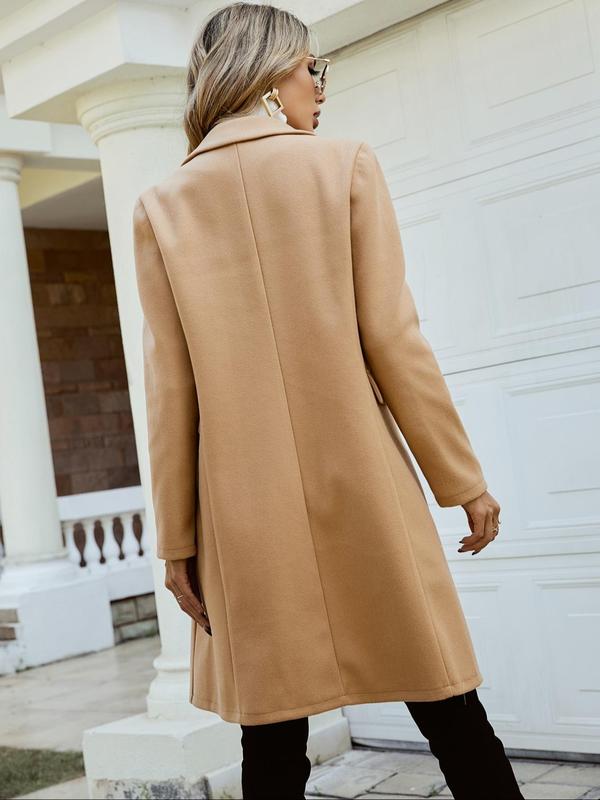 Women's Solid Color Double Button Lapel Woolen Coat, Elegant Fashion Flap Detail Long Sleeve Overcoat for Daily Outdoor Wear, Women Clothing for Fall & Winter