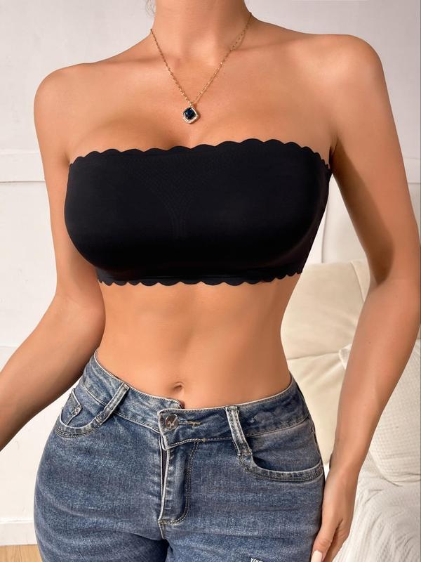 Women's Plain Scallop Trim Padded Bandeau Bra, Push Up Bra, Strapless Bra, Comfort Cozy Casual Comfy Seamless Lingerie Top for Daily Wear, Women's Underwear for All Seasons