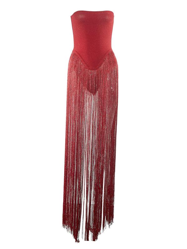 Women's Plain Fringe Trim Tube Bodycon Dress, Elegant Sleeveless Maxi Dress for Party Club Dating Wear, Ladies Summer Clothes