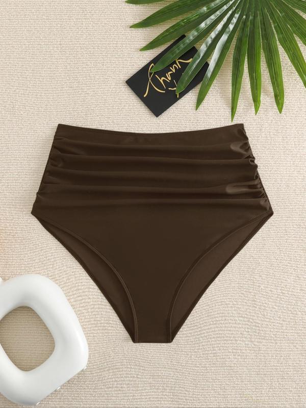 Women's High Waist Ruched Swim Bottom, Solid Color Swimsuit Panty, Ladies Summer Bikini Bottoms for Beach Vacation