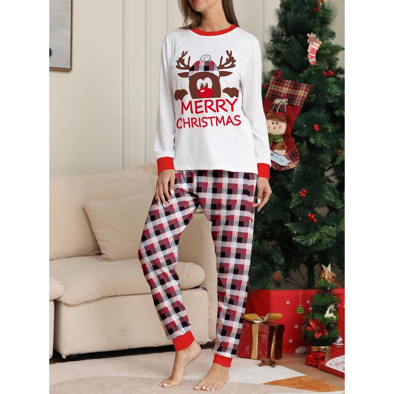 Christmas Family Pajamas Matching Set, Long Sleeve Cartoon Elk T-shirt with Plaid Pants Sleepwear Loungewear