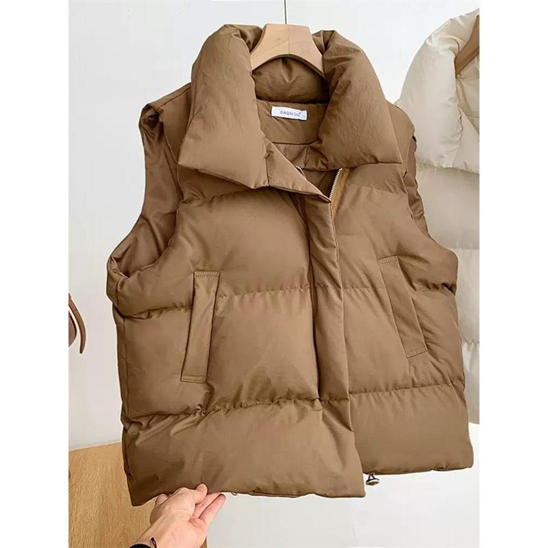 down Cotton Vest Women's Autumn and Winter New Korean Style Loose Waistcoat Solid Color Outerwear Vest All-Matching Vest Cardigan Womenswear Tops Minimalist High Neck Basic Comfort