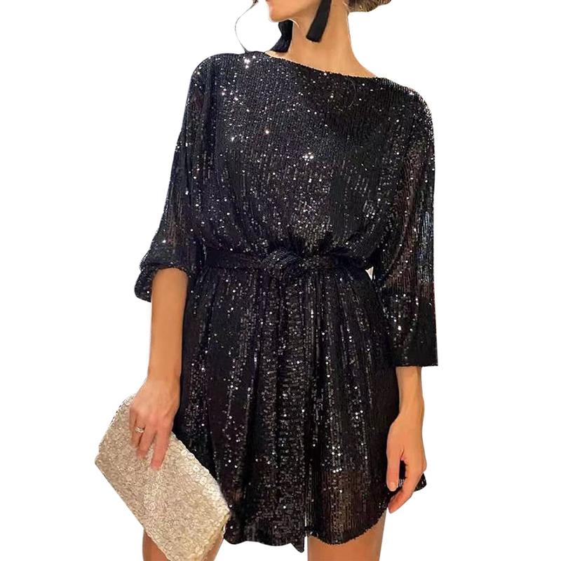 Women´s Sequin Party Dress, Sparkle Long Sleeve Round Neck Short Cocktail Dress with Belt Womenswear