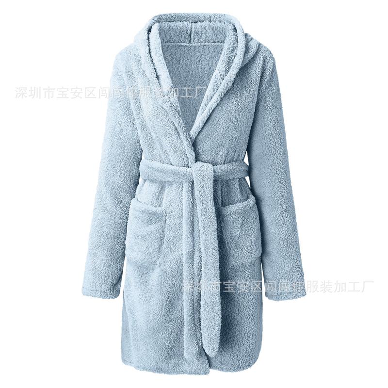 2024 Hot Sale Fall Winter Hooded Home Casual Plush Pajamas Pure Color Warm Keeping Bathrobe Women