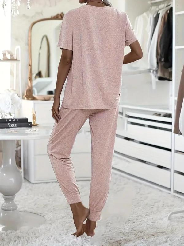 Two-Piece Set Women's Solid Batwing Sleeve Tee & Drawstring Waist Pants Pajama, Casual Comfy Round Neck Top & Pocket Trousers PJ Set, Ladies Sleepwear for All Seasons