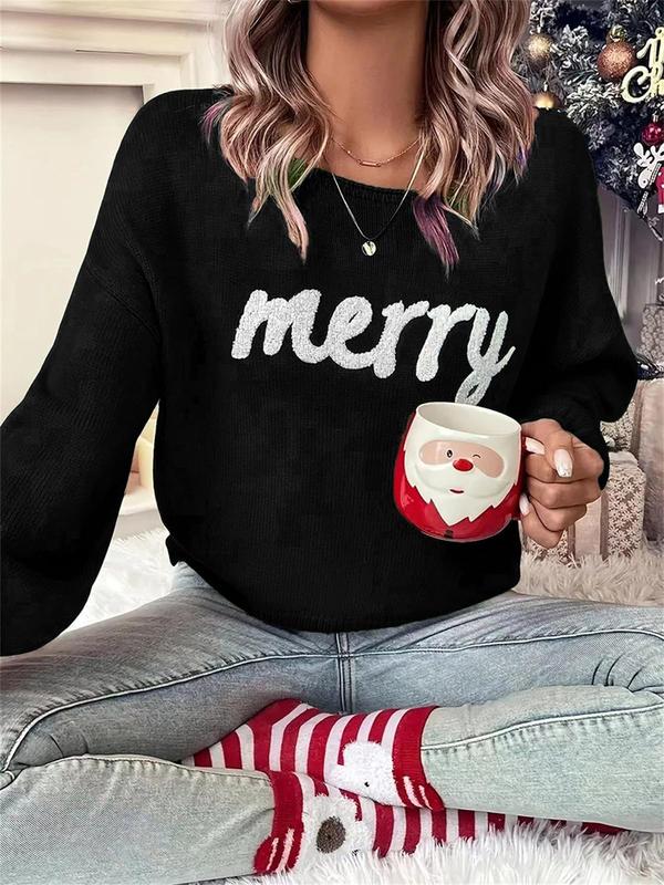 Christmas letter stitching sweater casual long-sleeved round neck pullover suitable for autumn daily outdoor sweater