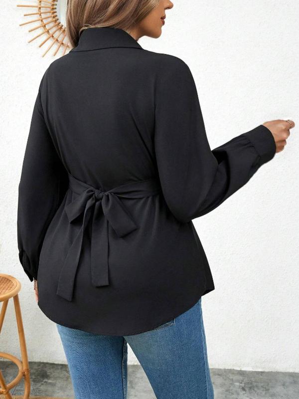  Women's Solid Cross Belted Button Front Blouse, Elegant Tie Back Bishop Long Sleeve Collared Top for Women, Women's Clothing for All Seasons