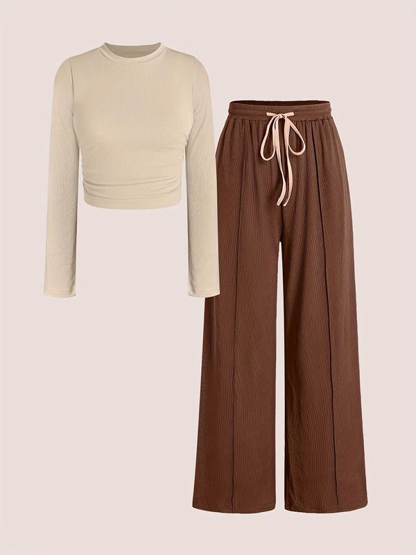 Two-piece Set Women's Solid Ruched Crop Tee & Drawstring Waist Pants, Casual Fashion Cozy Round Neck Long Sleeve Top & Elastic Waist Trousers for Daily Outdoor Wear, Women's Clothing for Fall & Winter