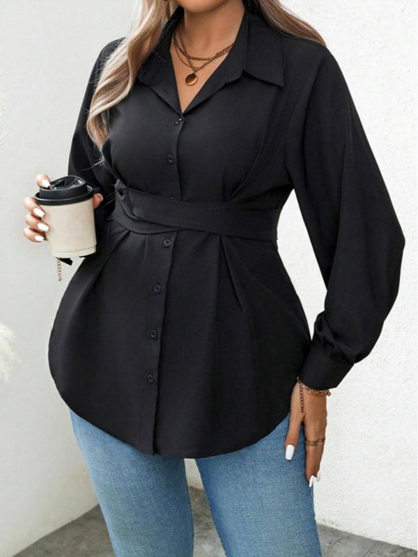  Women's Solid Cross Belted Button Front Blouse, Elegant Tie Back Bishop Long Sleeve Collared Top for Women, Women's Clothing for All Seasons