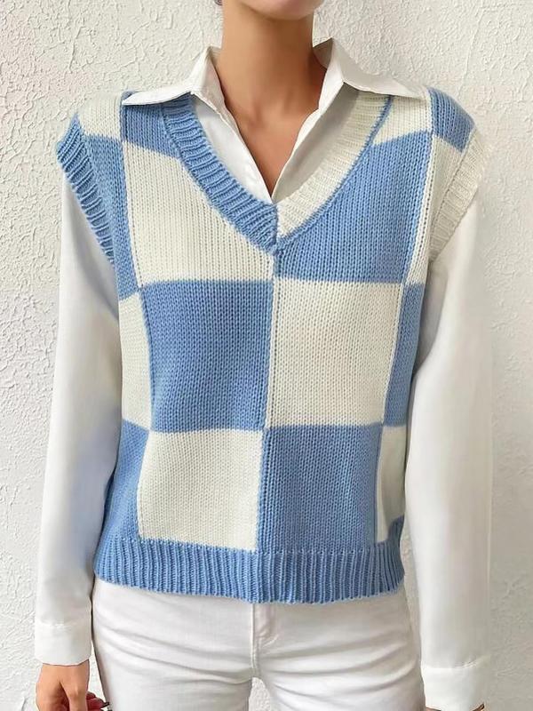 Women's Plaid Print V Neck Sweater Vest Without Shirt, Casual Comfy Jumper Vest, Ladies Spring & Fall Clothes for Daily Wear