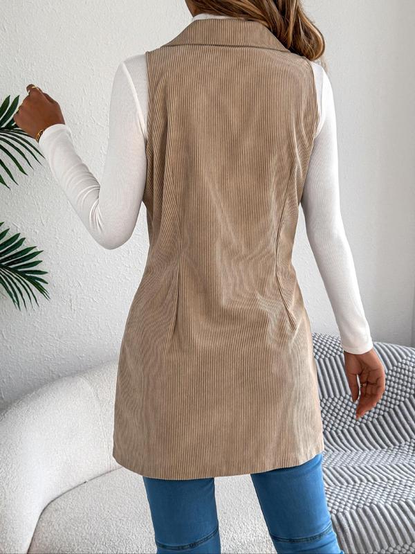 Women's Solid Double Button Pocket Corduroy Vest Coat, Casual Lapel Neck Sleeveless Outerwear for Spring & Fall, Ladies Clothes for Daily Wear