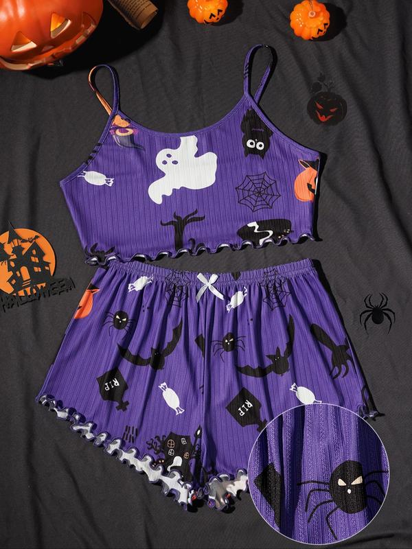 Christmas Women's Skeleton & Pumpkin & Ghost Print Lettuce Trim Cami Top & Bow Front Shorts Pyjama Two-piece Set, Halloween Pajamas, Casual Camisole & Elastic Waist Shorts Pj Set, Ladies Sleepwear for Halloween Party, Spirit Halloween 2024