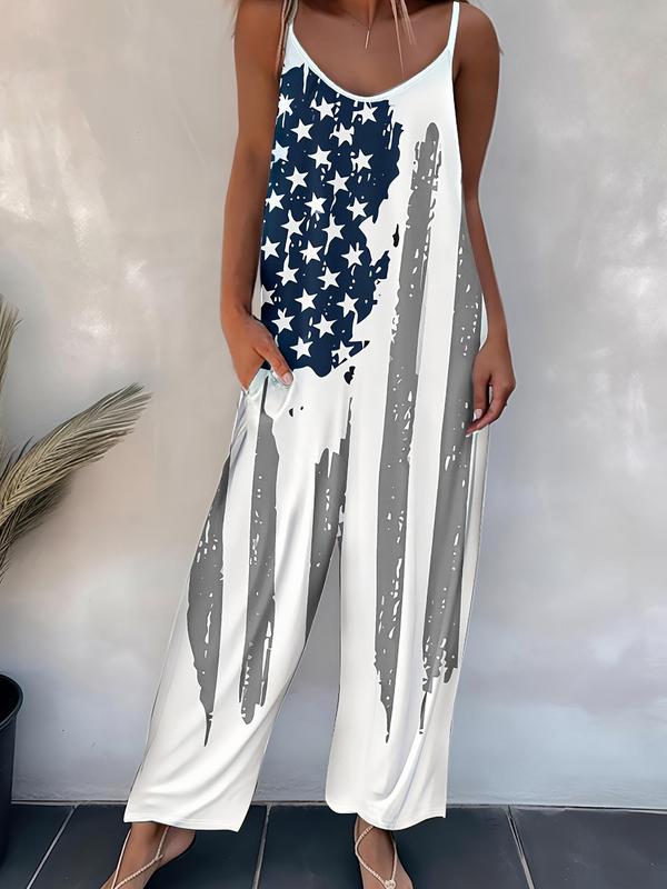 Women's 4th Of July Flag Print Sleeveless Cami Jumpsuit, Lady Casual Comfy Adjustable Spaghetti Strap Pocket Overalls, Jumpsuit for Women, Comfort Sleeveless Onesies, Ladies Summer Clothes for Daily Wear Back To School, Womenswear