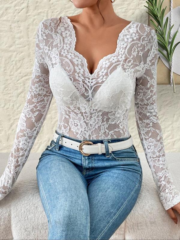 Women's Sheer Floral Lace Cover Up Top, Elegant Scallop Trim Long Sleeve V Neck Top for Party Holiday Vacation, Ladies Clothes for All Seasons