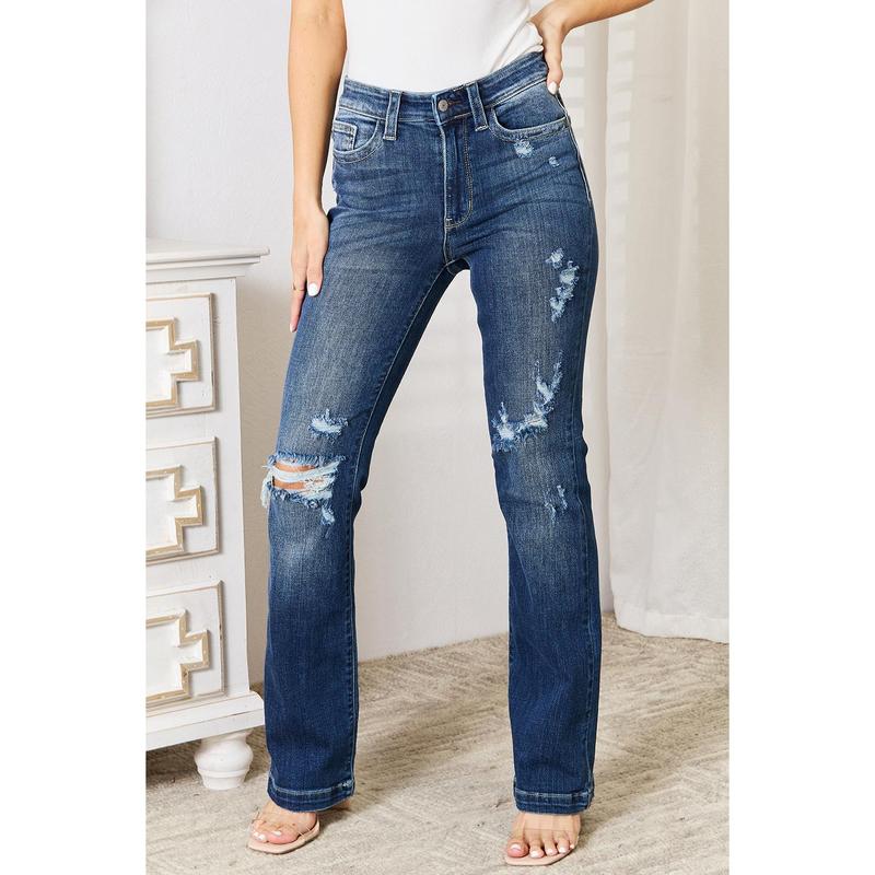 Judy Blue Full Size Mid Rise Hand Sand & Destroy Bootcut Jeans Basic Comfort Fit Spandex