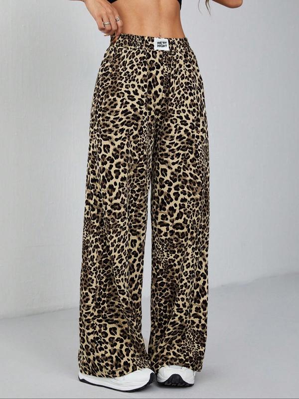 Women's Leopard Print Patched Pocket Wide Leg Pants, Casual Elastic Waist Trousers for Daily Wear, Ladies Bottoms for All Seasons