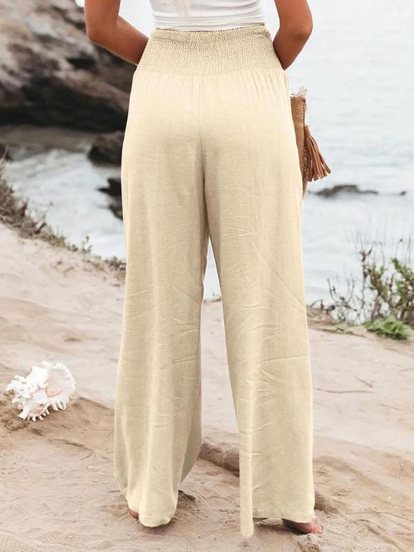 Women's Plain Pocket Shirred Wide Leg Pants, Casual Elastic Waist Trousers for Beach Vacation Holiday, Ladies Bottoms for All Seasons