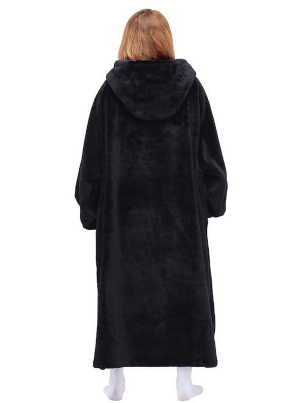 Unisex's Solid Drop Shoulder Hooded Dressing Gown, Casual Long Sleeve Kangaroo Pocket Design Flannel Dressing Gown for Fall & Winter, Soft Comfortable Warm Lounge Robe for Women & Men