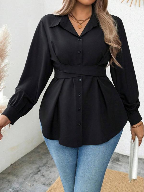  Women's Solid Cross Belted Button Front Blouse, Elegant Tie Back Bishop Long Sleeve Collared Top for Women, Women's Clothing for All Seasons