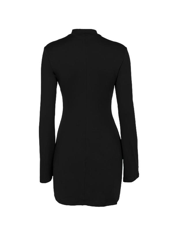 Women's Solid Split Bodycon Dress, Casual Long Sleeve Stand Collar Short Dress for Spring & Fall, Women's Clothing for Daily Wear