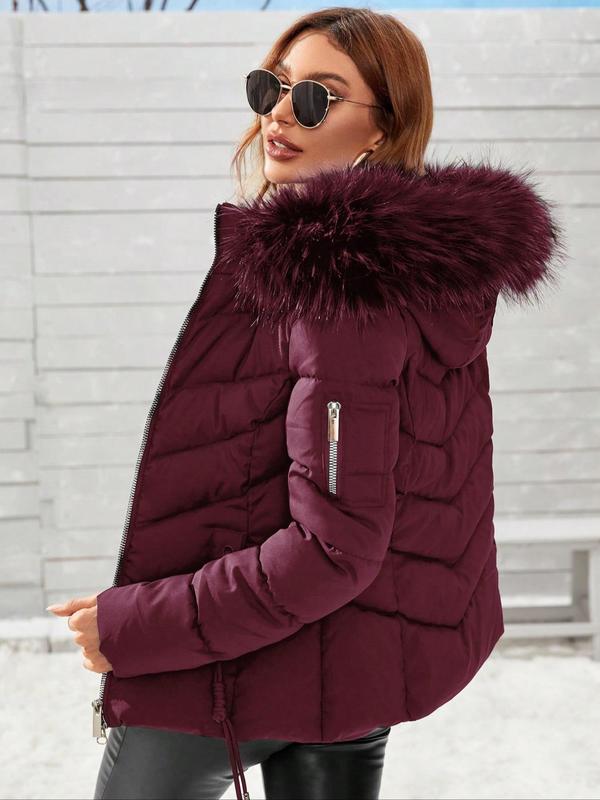 Women's Solid Color Pocket Contrast Faux Fur Hooded Quilted Jacket, Casual Long Sleeve Zip Up Outerwear for Fall & Winter, Ladies Clothes for Daily Wear, Winter Clothes Women, Puffer Jacket