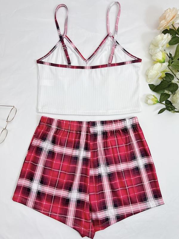 Women's Bow Decor Elastic Waist Pyjama Set, Cute Crop Cami Top & Plaid Print Shorts, Fashion Ladies' Sleepwear for Summer, Comfy Loungewear Sets for Women