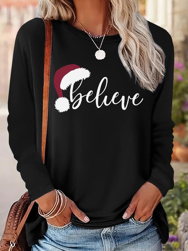 Women's Christmas Letter Print Drop Shoulder Tee, Casual Long Sleeve Round Neck Pullover for Fall & Winter, Ladies Clothes for Daily Wear