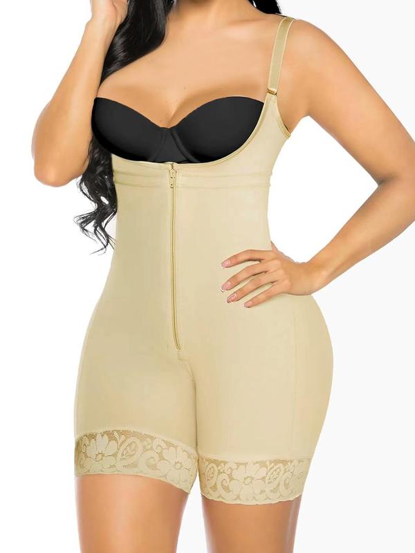 Women's Adjustable Strap Lace Trim Zip Front Shapewear Romper, High Stretch Open Bust Shapewear Bodysuit, Tummy Control Butt Lifting Shaper for Ladies Sexy