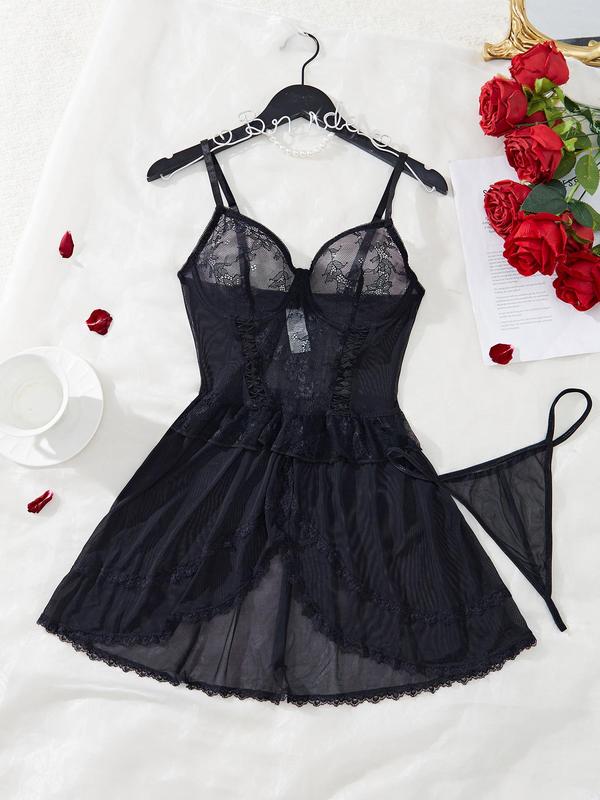 Women's Contrast Lace Sheer Cami Nightdress & Thong Sexy Lingerie Two-piece Set, Romantic Comfy Breathable Lingerie Set for Daily Wear, Women Sexy Lingerie for All Seasons