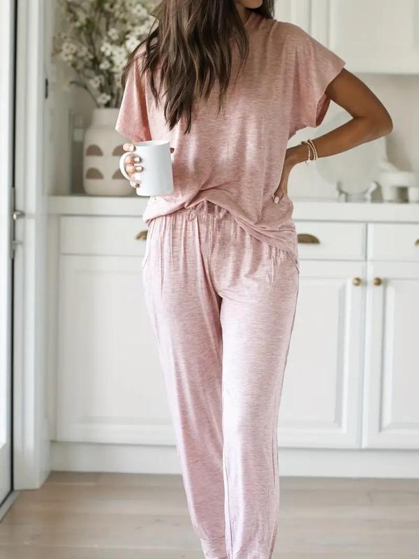 Two-Piece Set Women's Solid Batwing Sleeve Tee & Drawstring Waist Pants Pajama, Casual Comfy Round Neck Top & Pocket Trousers PJ Set, Ladies Sleepwear for All Seasons