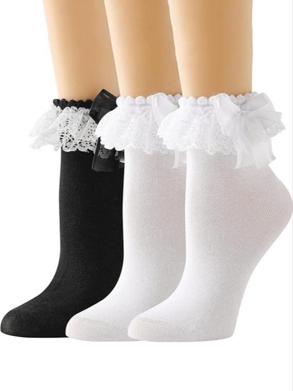 Women's Bow Decor Contrast Lace Crew Socks, Lolita Style Plain Socks, Ladies Socks for All Seasons, Fall Wear, Fallfreshness Socks