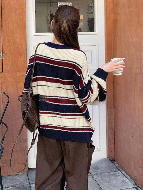 Women's Colorblock Striped Print Drop Shoulder Sweater, Casual Long Sleeve Round Neck Jumper for Fall & Winter, Fashion Ladies' Knitwear for Daily Wear,  Fall Outfits 2024