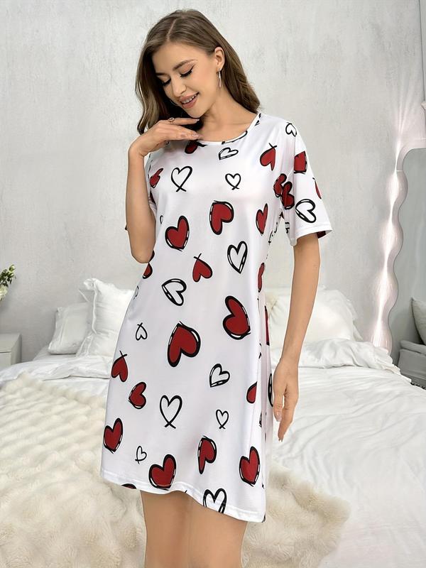 Women's Heart Print Round PJ Neck Nightdress, Summer Clothes Women, Cute Crew Neck Short Sleeve Nightgown Nighties, Comfy Women's Sleepwear & Loungewear For Summer Home Wear