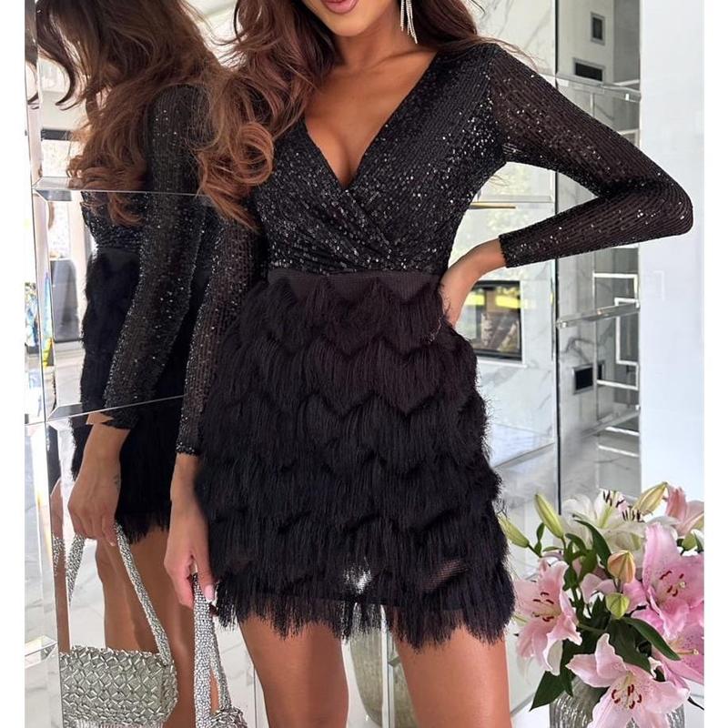 Women's Sequin Top Fringe Skirt Wrap V Neck Long Sleeve Pencil Mini Dress Flapper Cocktail Short Dress for Christmas Party Family Party