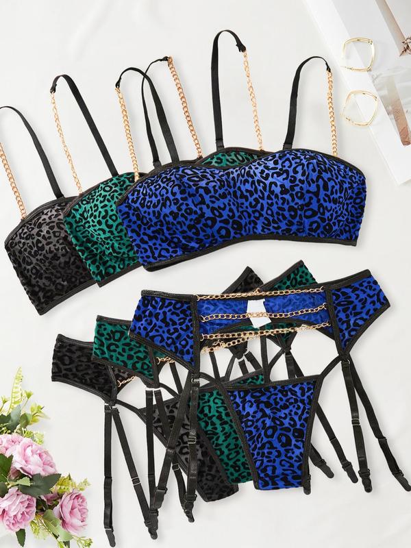 Women's Leopard Print Chain Design Lingerie Set, Sexy Fashion Chic Lingerie Bra Top & Cut Out Panty Set for Beach Holiday Vacation, Ladies Lingerie for All Seasons