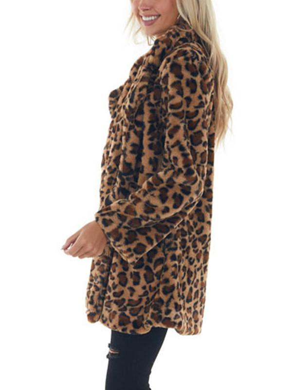 Women's Leopard Print Pocket Lapel Fuzzy Jacket, Casual Long Sleeve Thermal Outerwear for Fall & Winter, Women's Clothing for Daily Wear