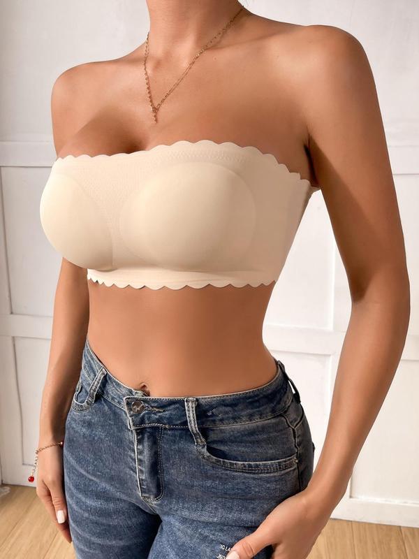 Women's Plain Scallop Trim Padded Bandeau Bra, Push Up Bra, Strapless Bra, Comfort Cozy Casual Comfy Seamless Lingerie Top for Daily Wear, Women's Underwear for All Seasons