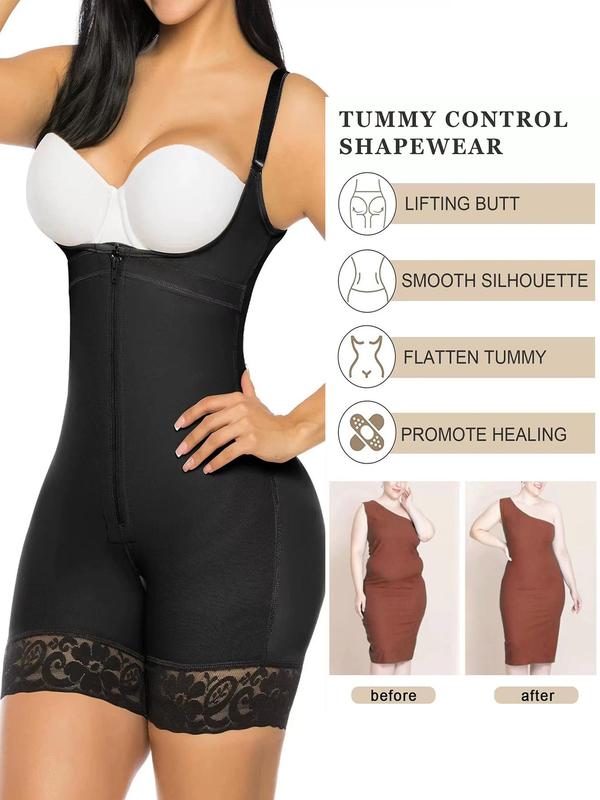 Women's Adjustable Strap Lace Trim Zip Front Shapewear Romper, High Stretch Open Bust Shapewear Bodysuit, Tummy Control Butt Lifting Shaper for Ladies Sexy