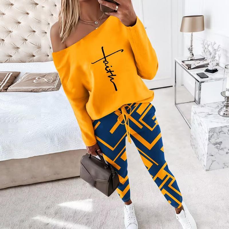 ChicMe Women's 2 Piece Outfit Nope Not Today Print Skew Neck Long Sleeve Pullover Top with Stretchy Waist Long Pants Tracksuit Jogger Set Casual Fabric Womenswear Casual Wear Comfortable Drawstring Comfort Lady Overalls Trouser Round Neck