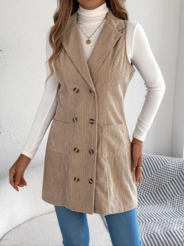 Women's Solid Double Button Pocket Corduroy Vest Coat, Casual Lapel Neck Sleeveless Outerwear for Spring & Fall, Ladies Clothes for Daily Wear