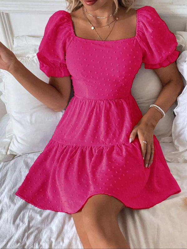 Women's Plain Swiss Dot Tie Back Dress, Milkmaid Dress, Womenswear for Summer, Cute Puff Sleeve Ruffle Hem A Line Dress for Party Holiday Wedding Guest, Back To School Outfits, Lady Comfort Clothes, Experimental Outfits