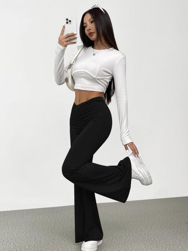 Women's Plain Ruched High Waist Flare Leg Leggings, Casual Comfy Bell Bottom Trousers for Daily Wear, Ladies Bottoms for All Seasons